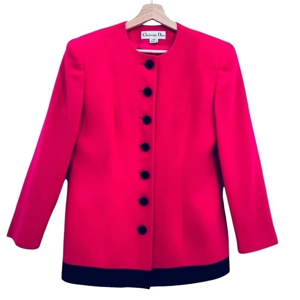 CHRISTIAN DIOR Vintage Button Down Blazer Fuschia & Black Trim Size 10P